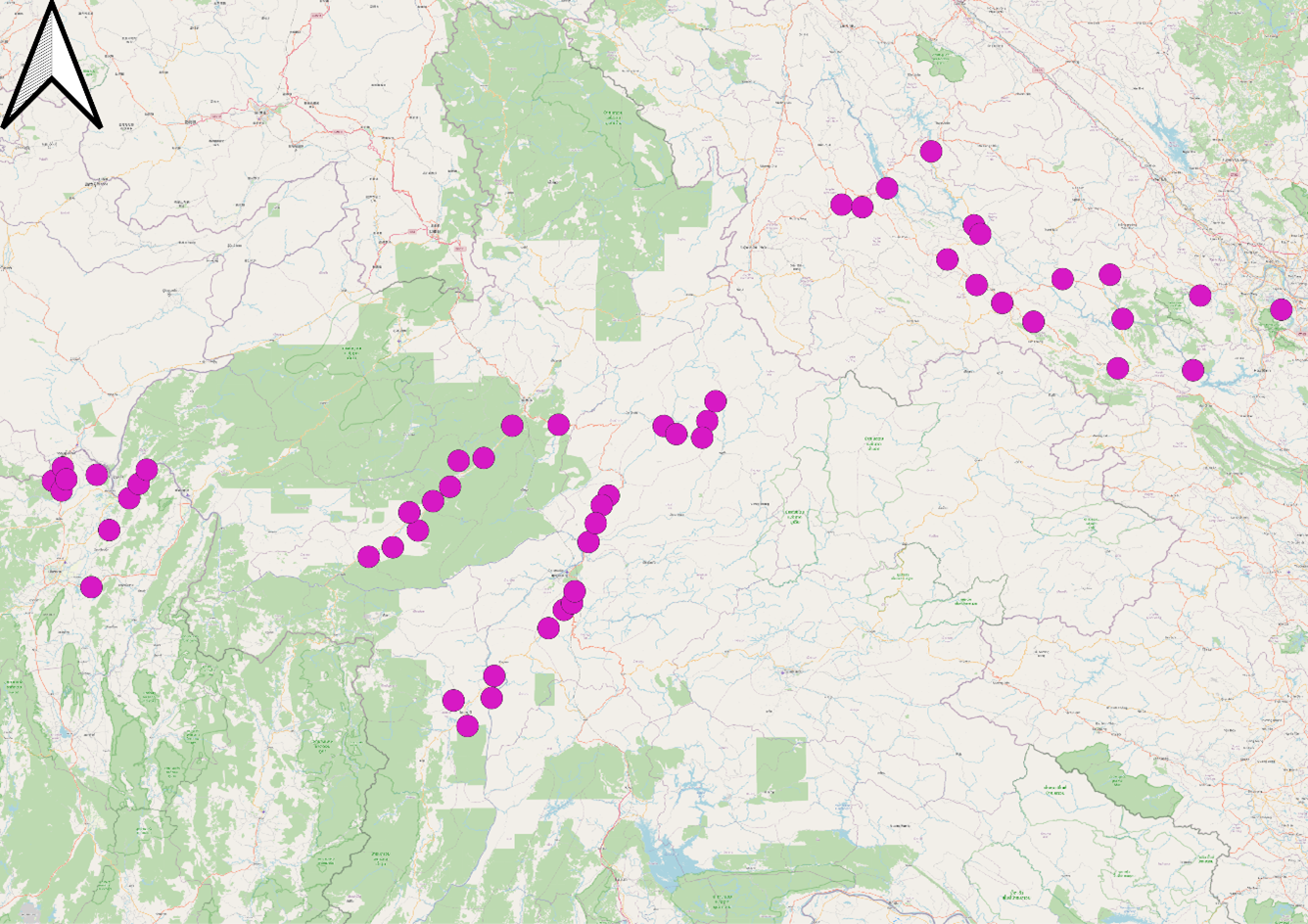 Purple Air Sensor Sites in the Network, Sensors were installed in clusters so that they can be compared to model output